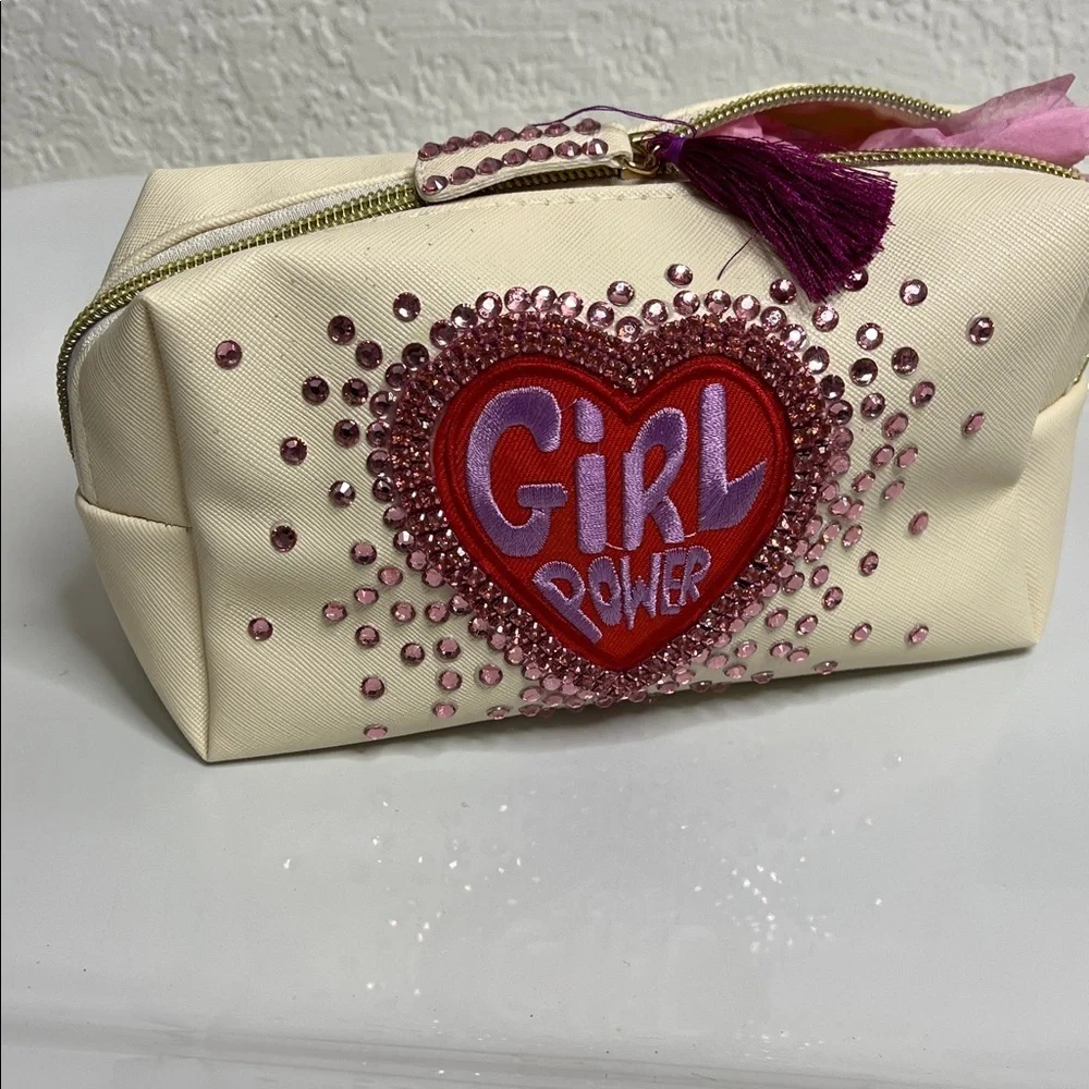Cream Makeup Bag with Girl Power Crystal  Design